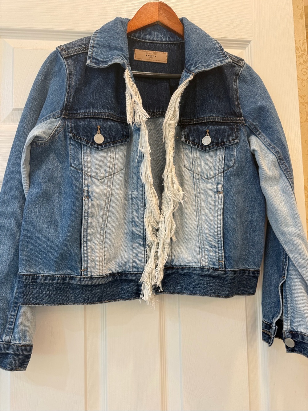 Blank NYC Two-Tone Blue Denim Jacket with White Fringed Trim